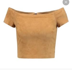 Alice + Olivia Gracelyn Off-Shoulder Suede Crop Top